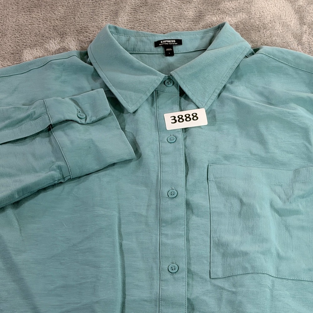 Express Boyfriend Portofino Shirt Womens L Teal Blue Long Sleeve Button Up 03451